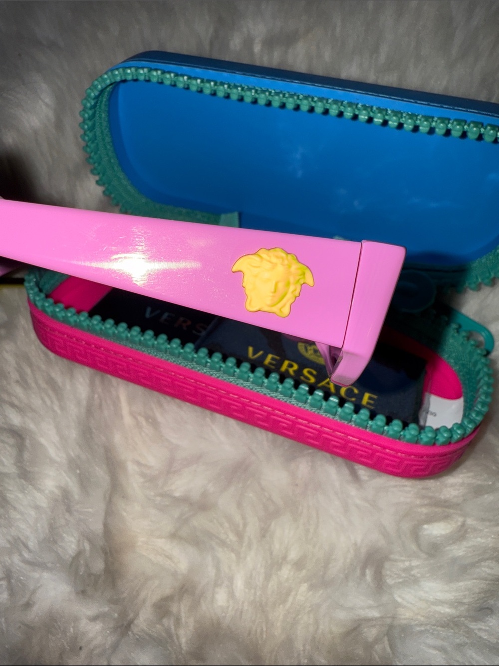 CHILDRENS Versace pink/lavender Sunglasses with yellow accent & keychain attache - Picture 3 of 6